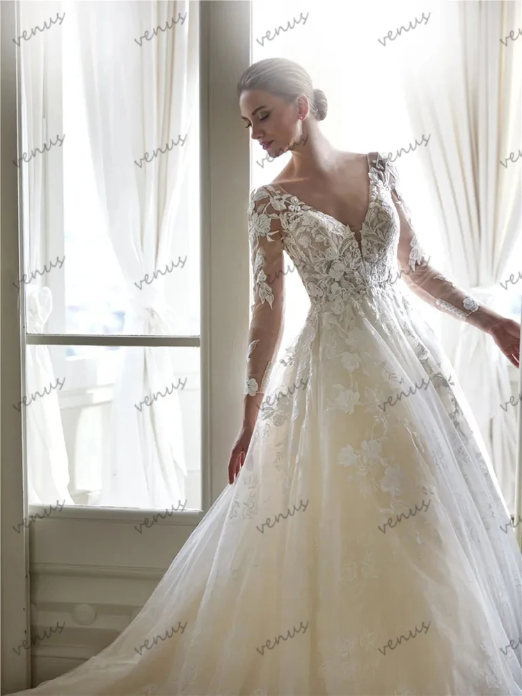 Exquisitos Vestidos De Novia De línea A, Vestidos De Novia Vintage, Apliques De encaje, mangas completas, Vestidos glamorosos De Novia personalizados 2025