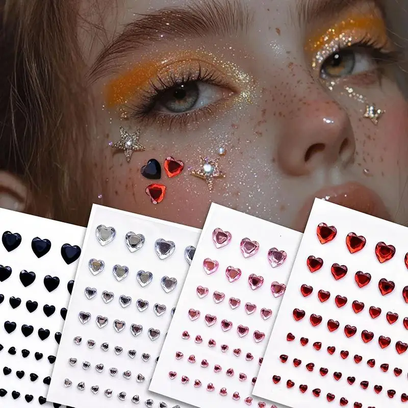 1 Sheet Heart Rhinestone Face Jewels Stickers 3D Multicolor Self-Adhesive Gems For DIY Festival Party Eye & Face Makeup Deco