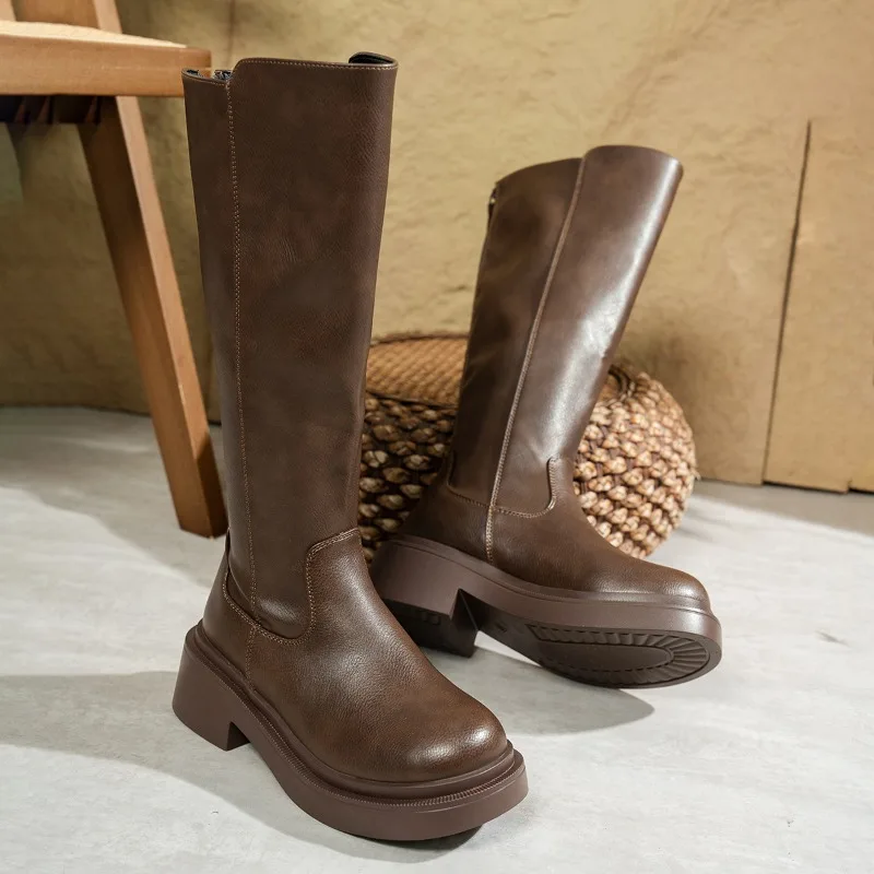 Fashionable Thick-soled Mid-calf Boots for Women Gothic Style Thick-soled Motorcycle Rider Boots Slim Fit 2026 Winter Boots