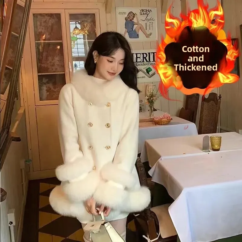 

Autumn Winter Thiened Fur Jaet Women's Patchwork Double Row Buttoned Outerwear Slimming Warmth Court Sle Coat