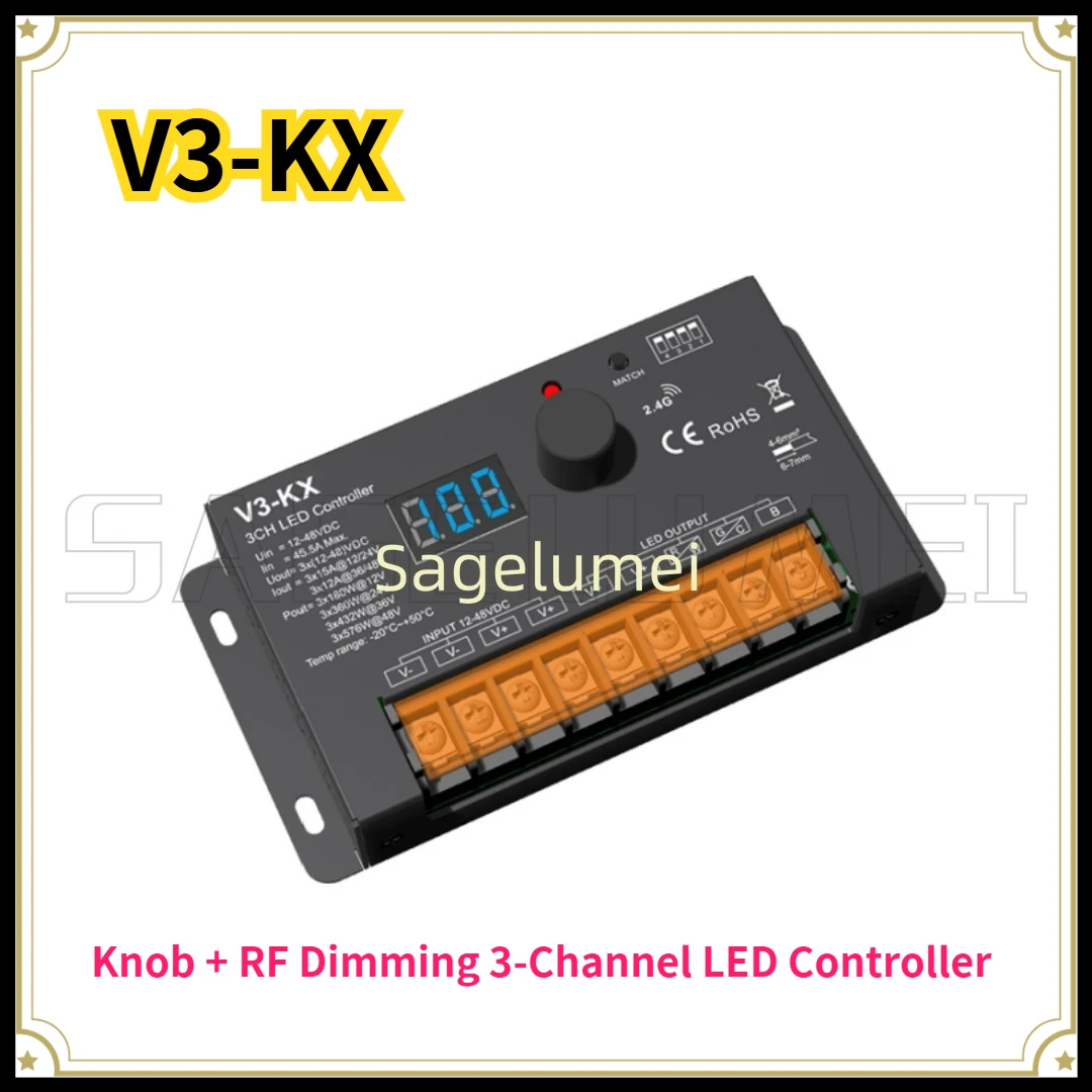 V3-KX Knob RF Dimmer 3Ch LED Controller Digital Display Push Dimming Suitable for Single Color CCT RGB LED strip Light Skydance