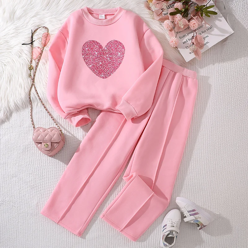 Kids Autumn Winter Thermal Suits For Girl Velvet Pink Heart Long Sleeve Top And Velvet Pink Pants Loose Comfortable Clothes Sets