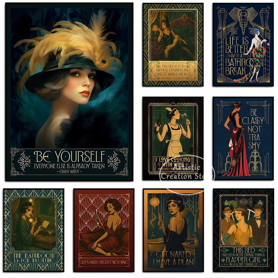 Art Deco Style Funny Bathroom Quotes Cocktail Flapper Girl Cooking Poster Canvas Painting Wall Art Pictures Home Kitchen Decor