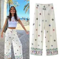 PB&ZA Women's Summer New Fashion Versatile Sweet Flower Embroidery Fashion Casual High Waist Straight Leg Wide Leg Pants