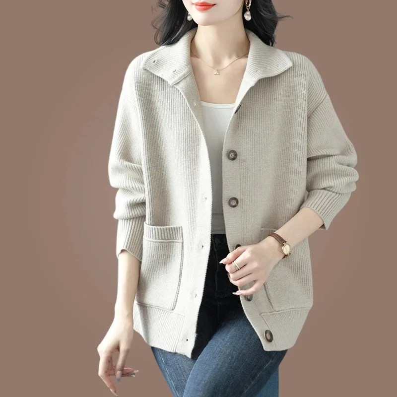 

Водолазка, вязаный свитер, кардиган для женщин, осенне-зимняя мода, новый стиль, однотонная универсальная куртка с лацканами