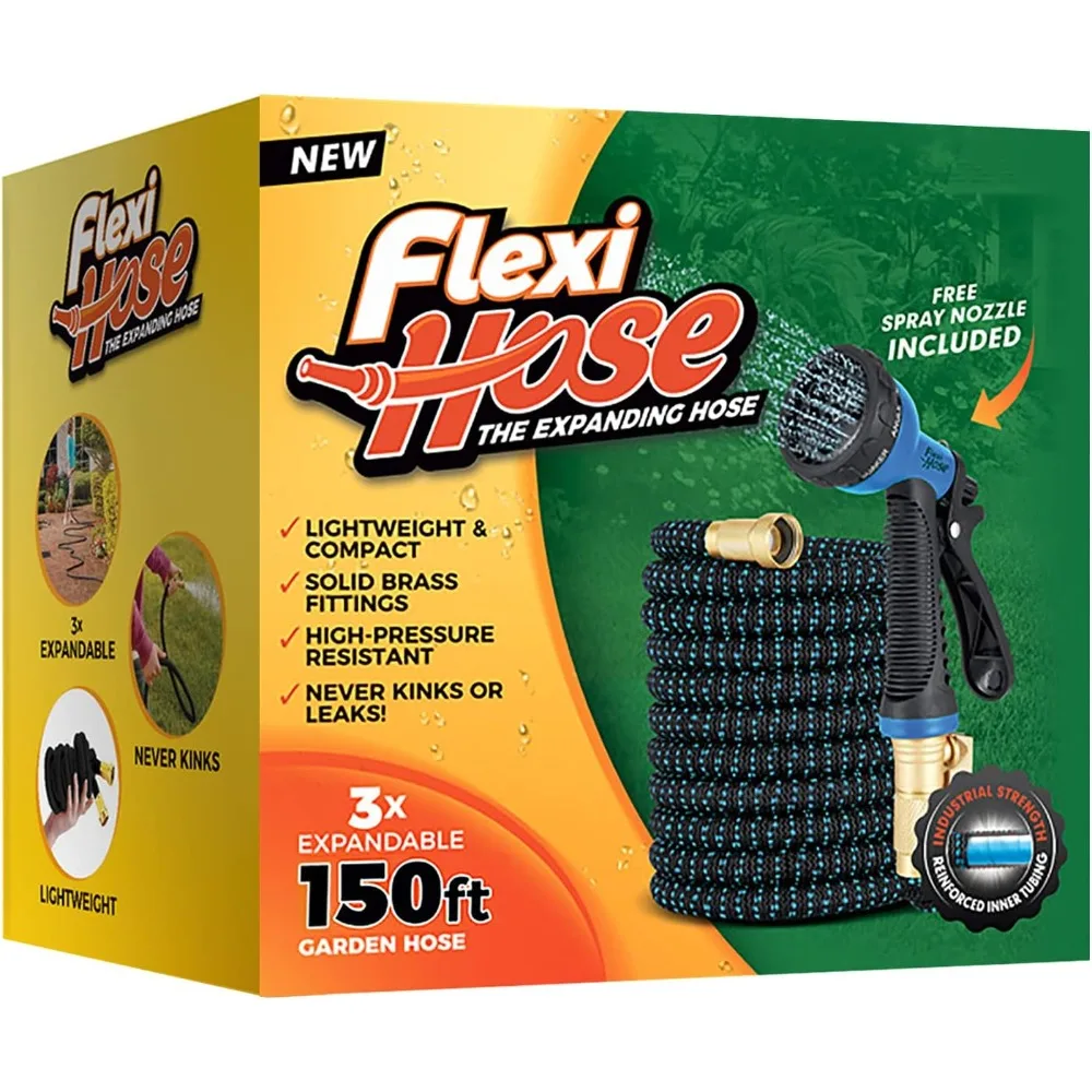 Flexi Hose with 8 Function Nozzle, Lightweight Expandable Garden Hose, No-Kink Flexibility, 3/4 Inch Solid Brass Fittings