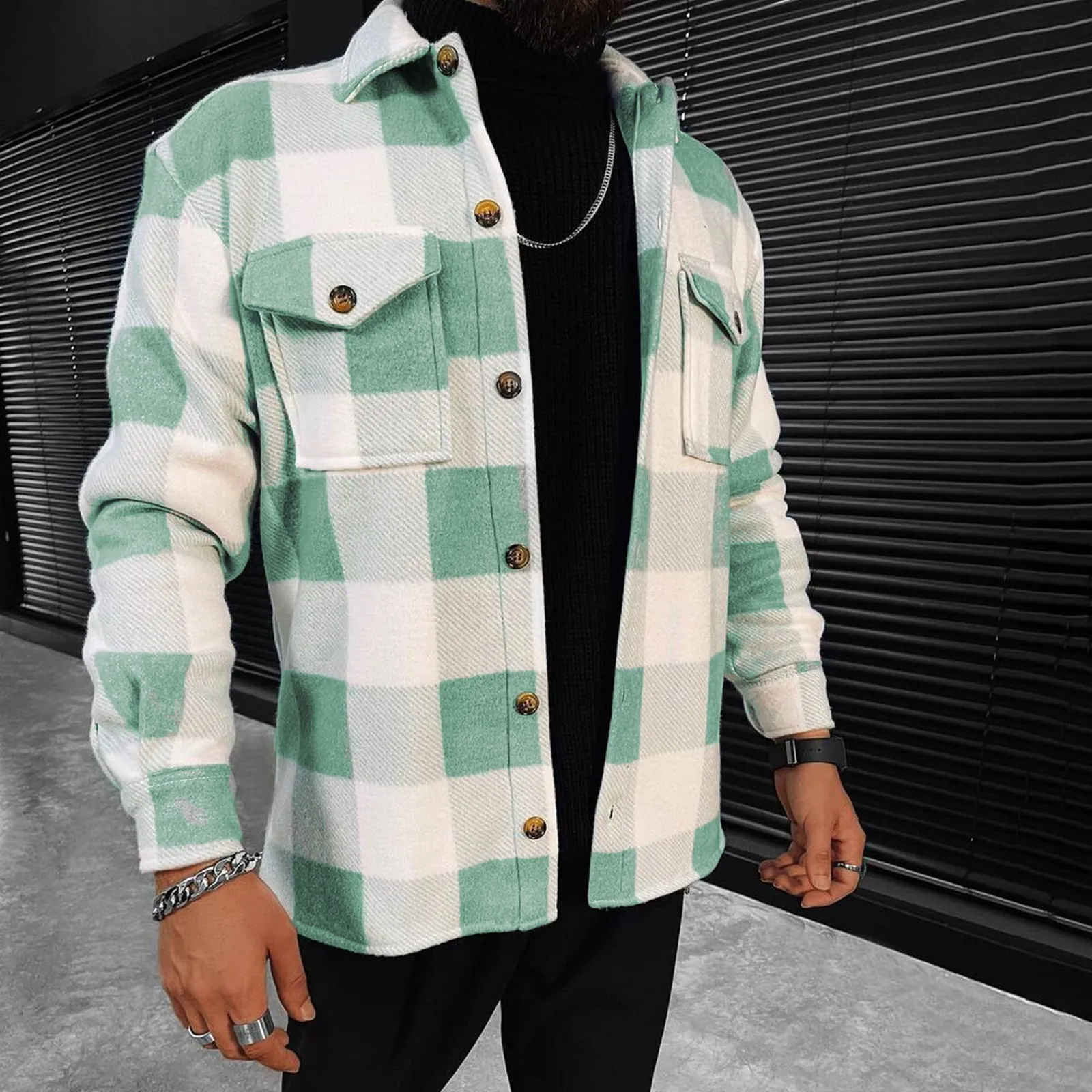 Spring Autumn Hong Kong Style Plaid Shirt Men Long Sleeve Trendy Youthful Cool Patchwork Mixed Fiber Fabric Tops