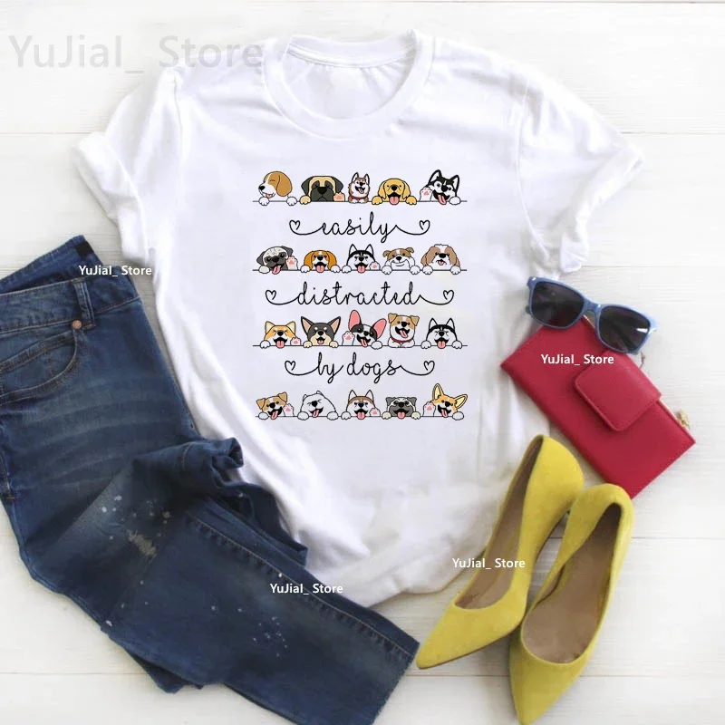 

Easily Distracted By Dogs Graphic Print T Shirt Girls Schnauzer/Seymour/Yorkshire Terrier/Chihuahuas Tshirt Women Harajuku Shirt