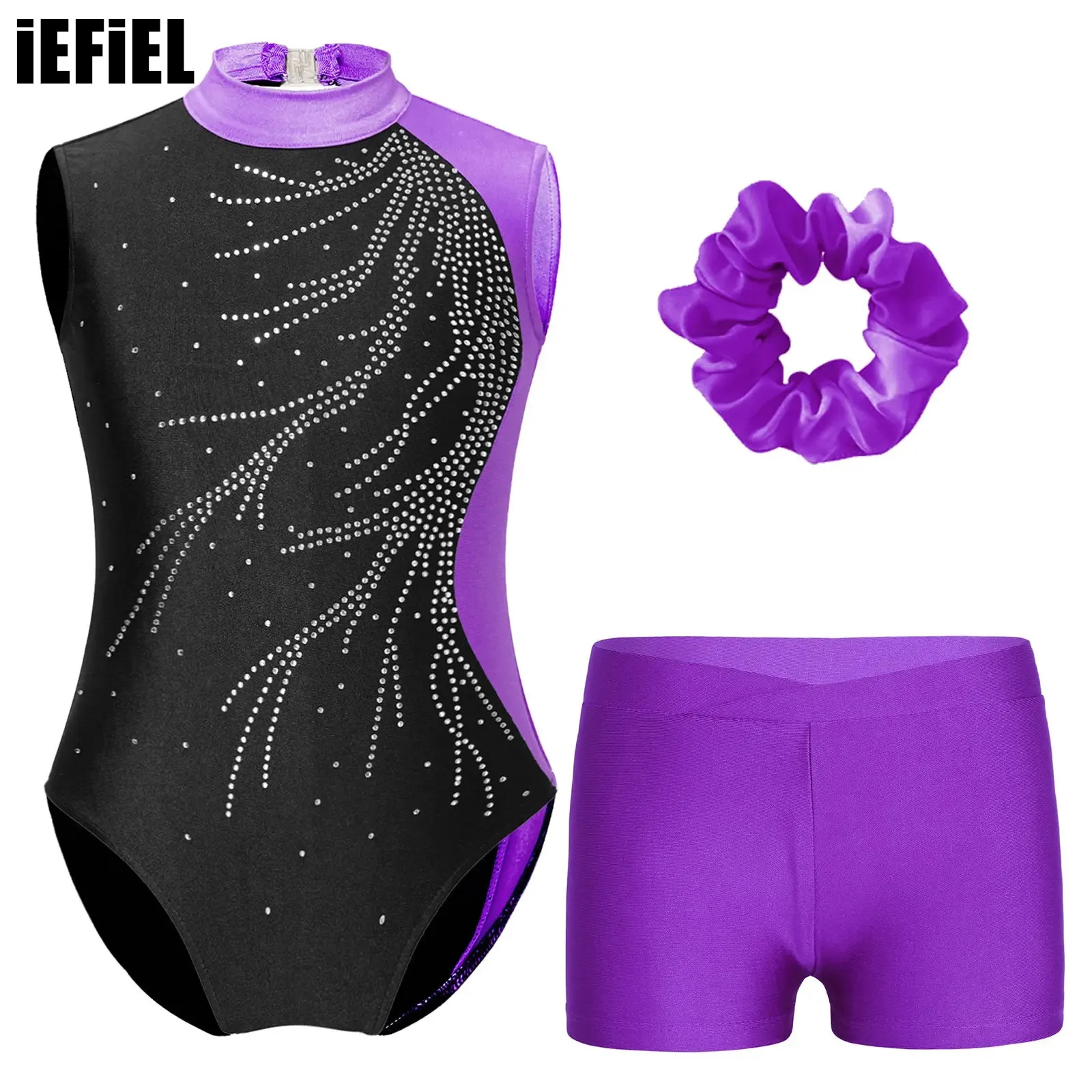 

Kids Girls Shiny Dance Outfit Rhinestones Decorated Sleeveless Leotard with V-front Waistband Shorts And Hair Band