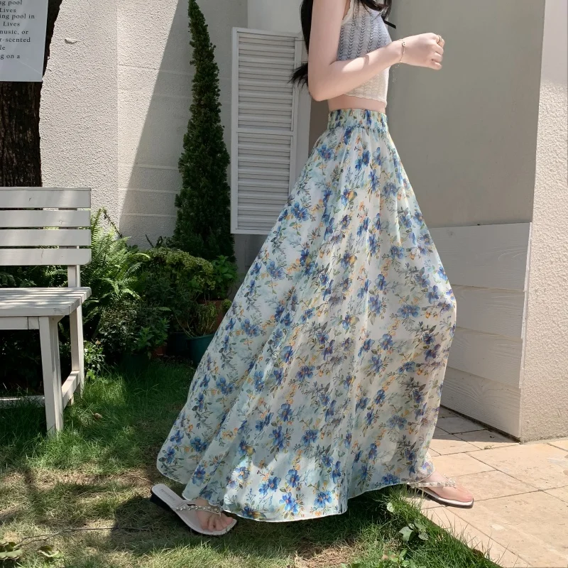 

Женская летняя тонкая шифоновая юбка миди А-силуэта с цветочным принтом в деревенском стиле, с широким подолом, из полиэстера, для праздников