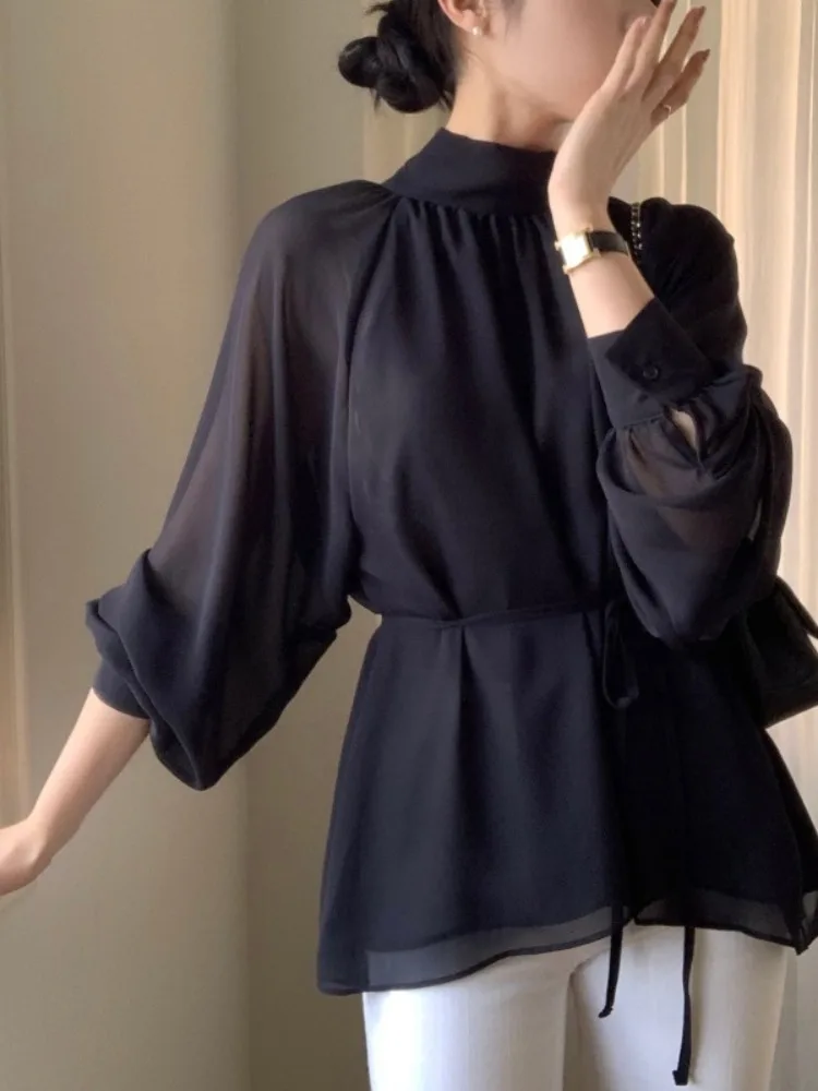 

Ele Long Sve irt Women's Chic Early Spring Slimming Bow Tie Stand Collar Bell Sve Commute Sle Pure Color irt