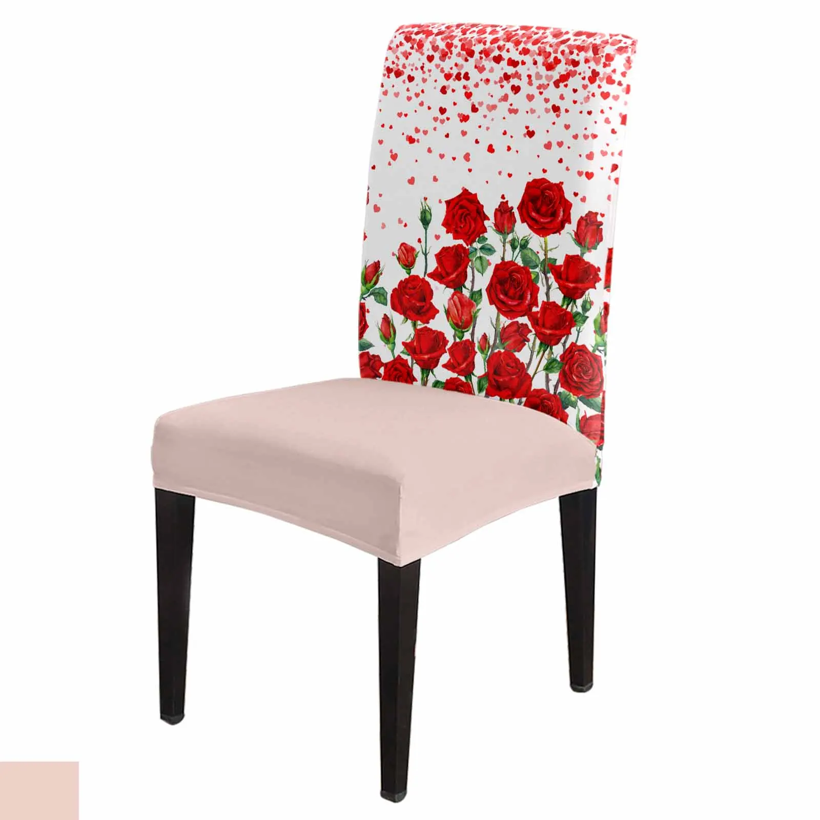 Valentine'S Day Hearts Red Roses Chair Cover Set Kitchen Stretch Spandex Seat Slipcover Home Decor Dining Room Seat Cover