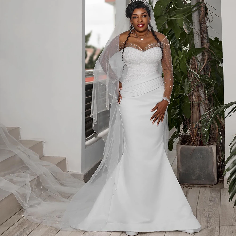 

White Satin Mermaid Wedding Dresses for Bride Sheer O Neck Long Sleeve Beading Pearls Pleats African Bridal Gowns Customized