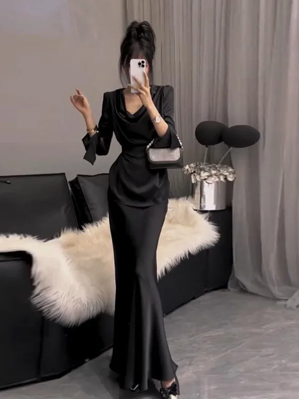 Spring 2025 Fashionable Design Women\'s New Clothes Set Elegant Atmosphere Top Half Skirt Two-Piece Suit Long Sleeve V-Neck