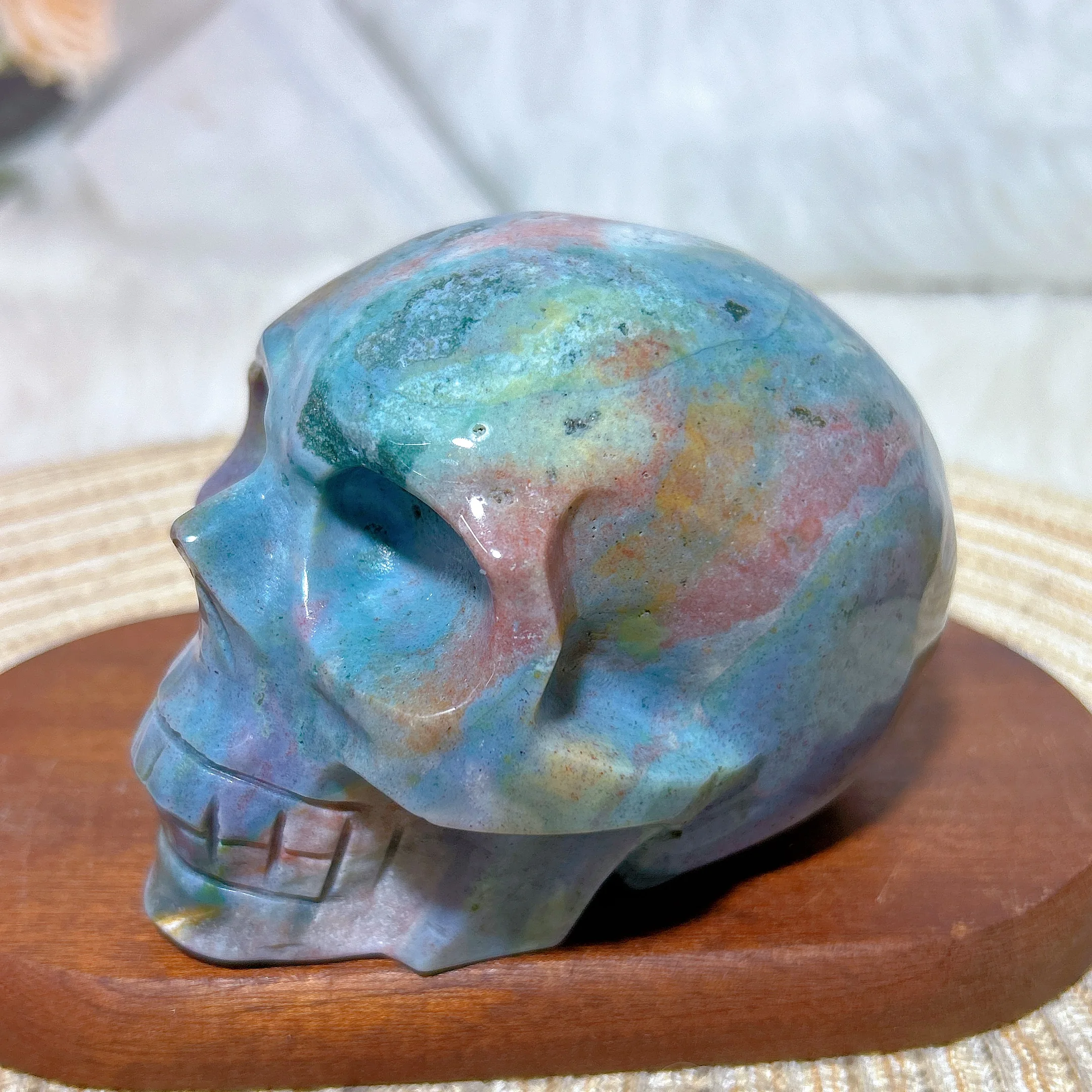 Healing Natural Crystal Ocean Jasper Druzy Skull Carving Colorful High Quality Reiki Gemstone Home Decoration Room Decor Gift