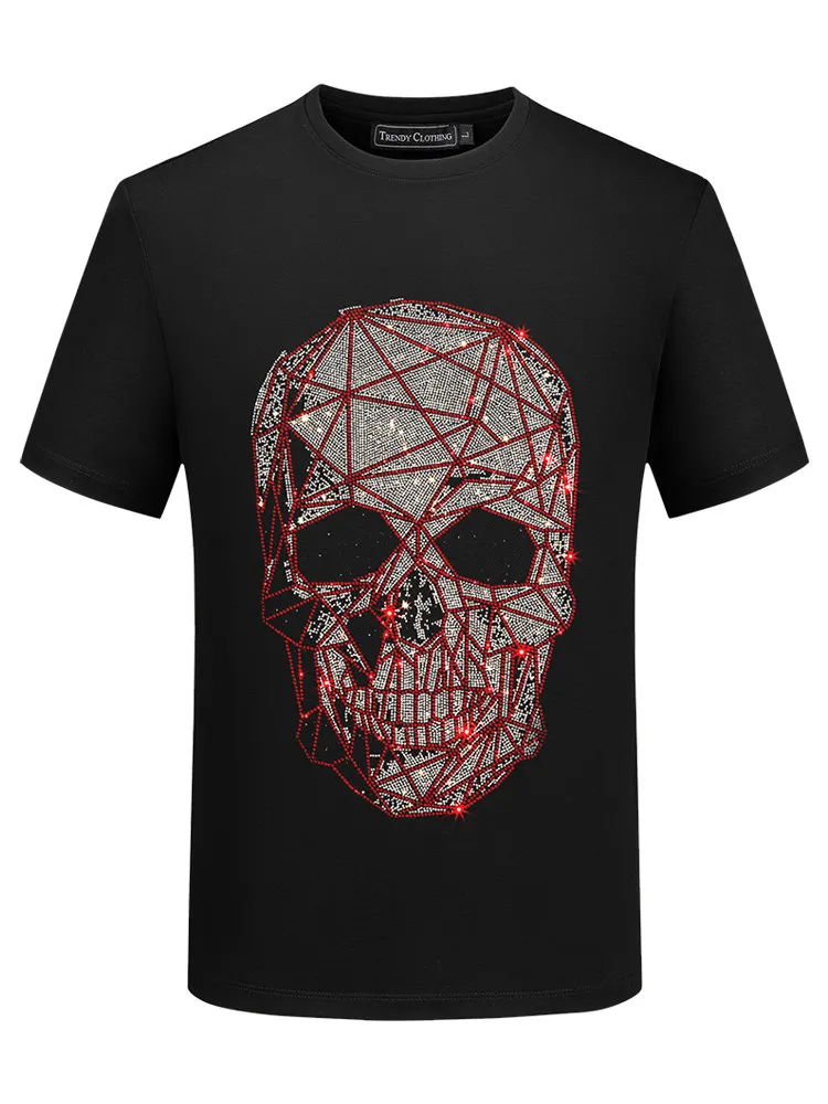 2026 Summer New Men Geometric Skull Rhinestone Print Casual Round Neck Short Sleeve White Black Streetwear T-Shirt