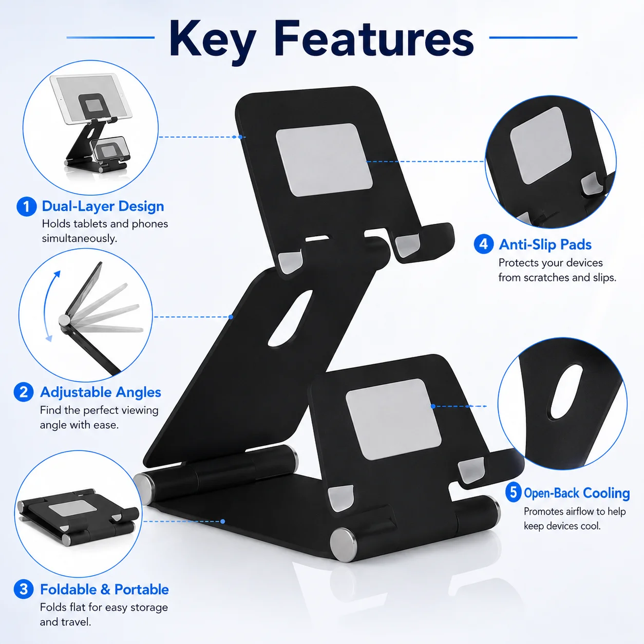 Aluminum Dual Layer Phone Tablet Stand, Foldable Adjustable Desktop Holder for Smartphone & iPad view 3