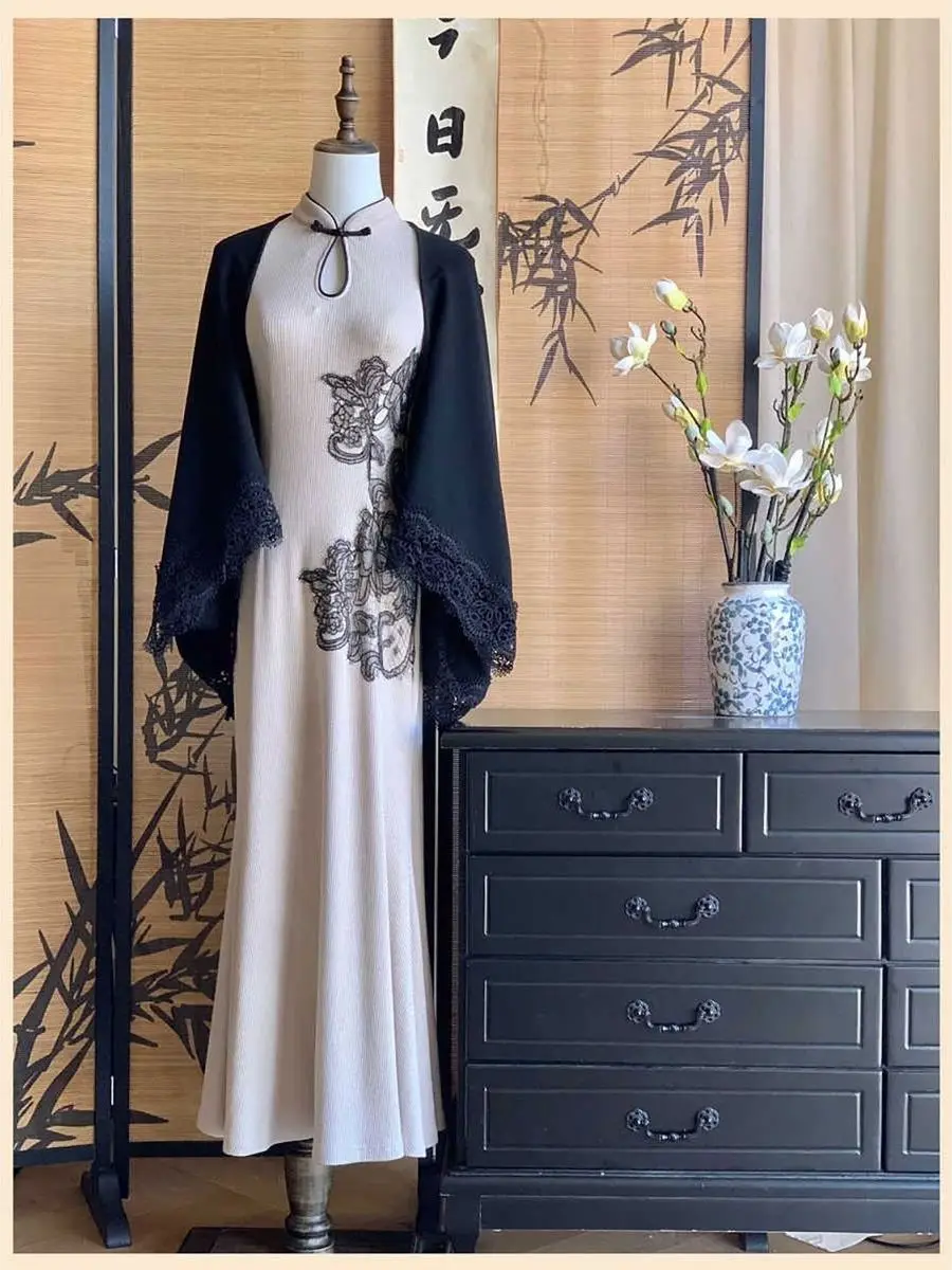 

Mozhi New Chinese Sle Long Svel Knitted Lace Embroidery Qipao Dr Ele National Faion Low Slit Daily Wear