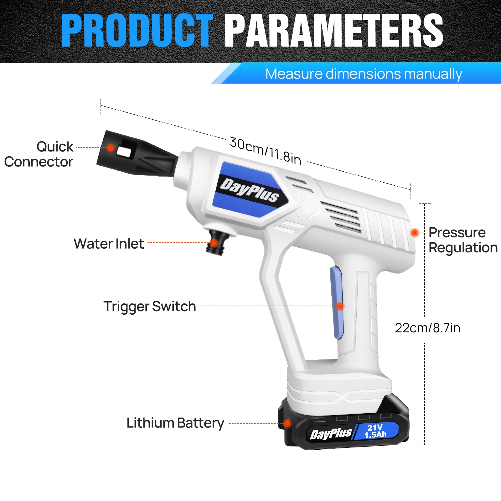 Cordless Pressure Washer with 2x3000mah Rechargeable Battery, Charger and Accessories,Portable Car Washer for Cleaning,3 Speed