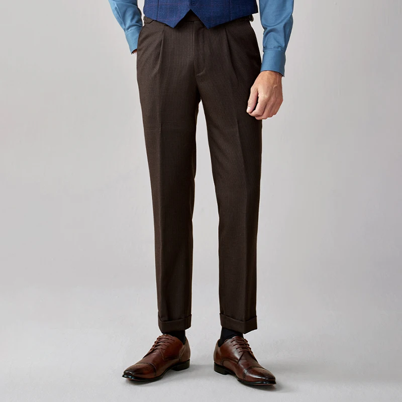 

50% Wool Mens Suits Pants Fashion Korea Retro Style Wedding Groom Wear Small Brown Plaid Slim Fit Spring Gentleman Daily Trouser