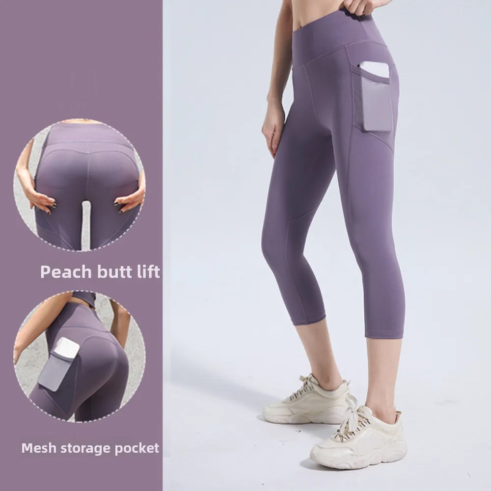 

Female Fitness Calf Length Yoga Cropped Pants Mesh Pocket Quick Dry Fitness Pants Running Tights Sports Leggings Yoga