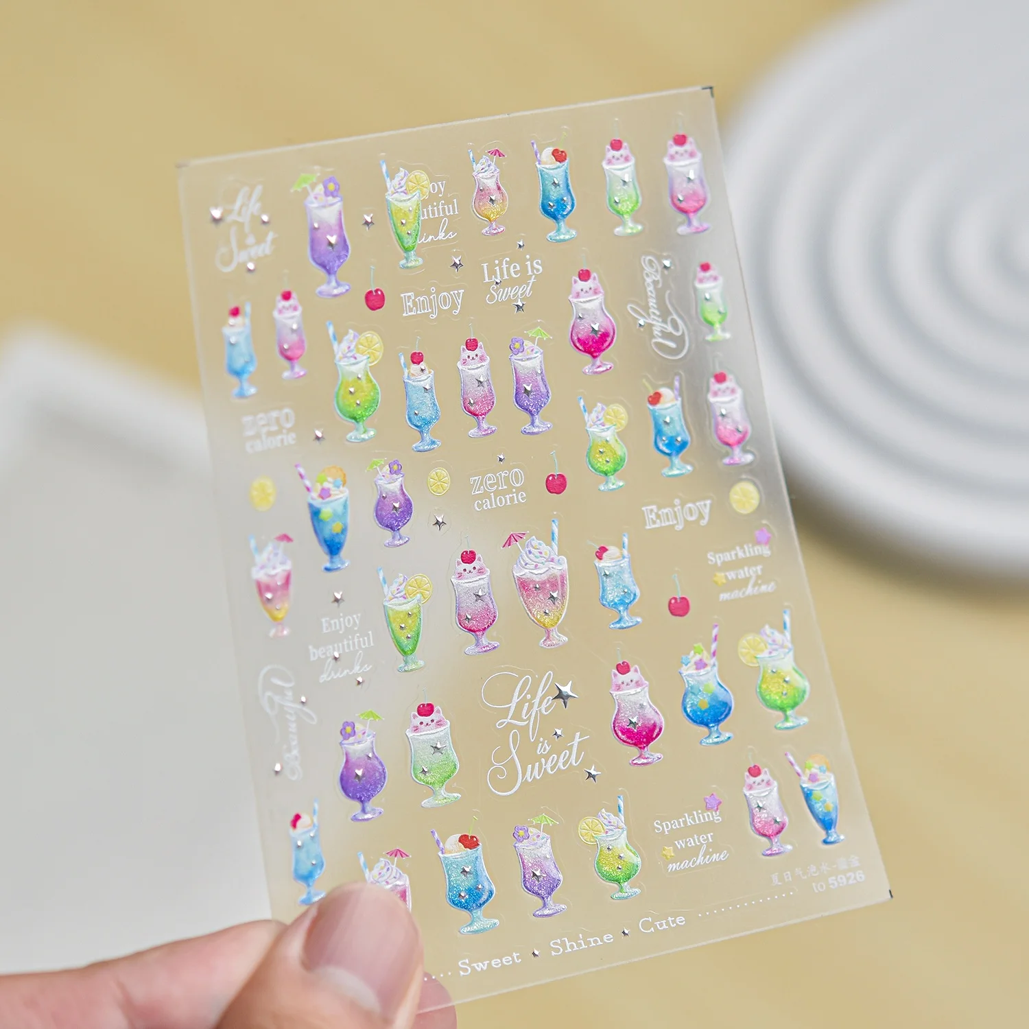 Coole Sommer-Strand 5D Nagelkunst-Aufkleber Sprudelnde Limonade Cocktail Schlagsahne Zitronenscheibe Kirsche Selbstklebende Abziehbilder Maniküre
