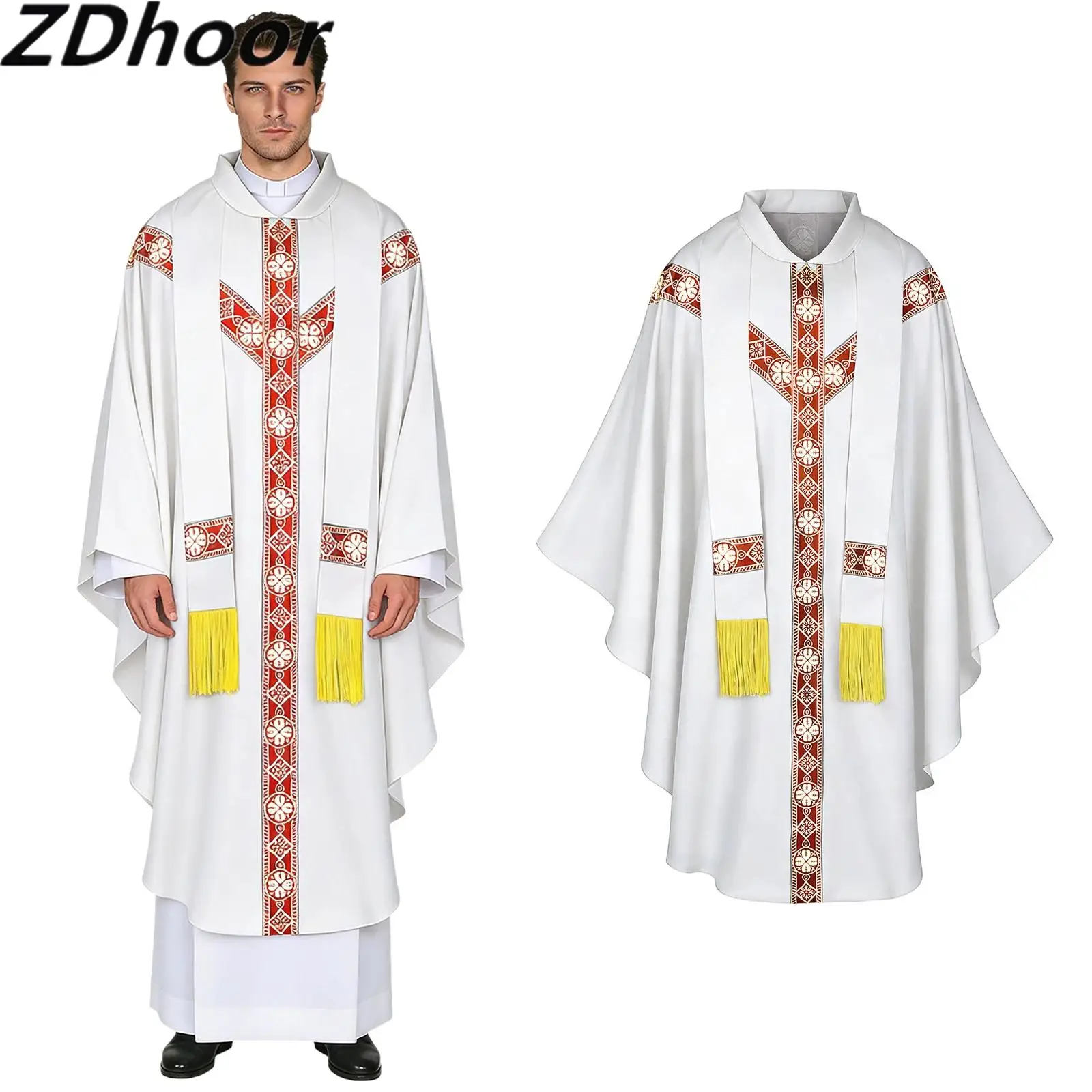 

Mens Floral Print Church Priest Robe Long Sleeve Clergy Robe with Tassel Stole for Halloween Cosplay Performance