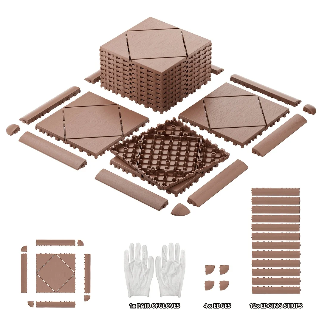 

44pcs Set (with 12 Edge Strips And 4 Corners Included) Of Interlocking Plastic Outdoor Flooring, Waterproof for All-weather Outdoor Use, Balcony, Backyard Deck, Easy to Install, Sturdy PP Material, High Load-bearing Capacity.