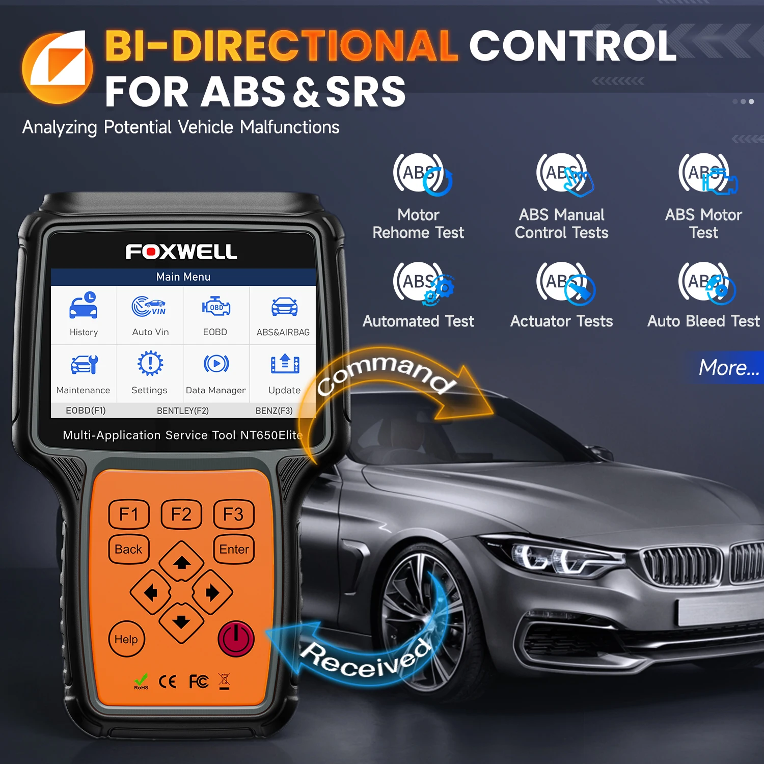 الماسح الضوئي FOXWELL NT650 Elite Obd2 أداة مسح ثنائية الاتجاه كاملة محرك السيارة ABS SRS قارئ رمز التشخيص مع 26 خدمة إعادة الضبط