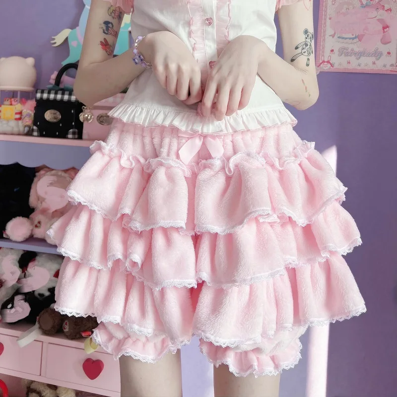 

2023 Harajuku Y2k Sweet Pink White Pumpkin Pants Lolita 90s Autumn Winter JK Plush Shorts Japanese Kawaii Ruffles Lantern Shorts