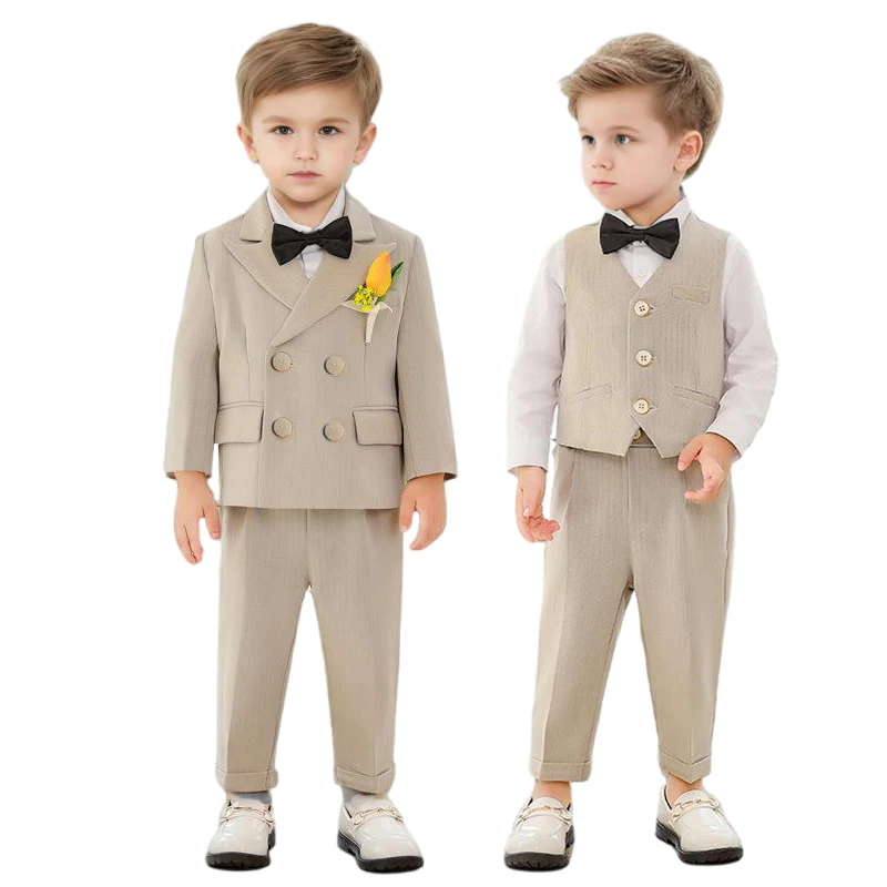 

Boys Spring Autumn Formal Khaki Suit Children Birthay Performance Host Photography Costume Kids Blazer Pants Bowtie Outfit