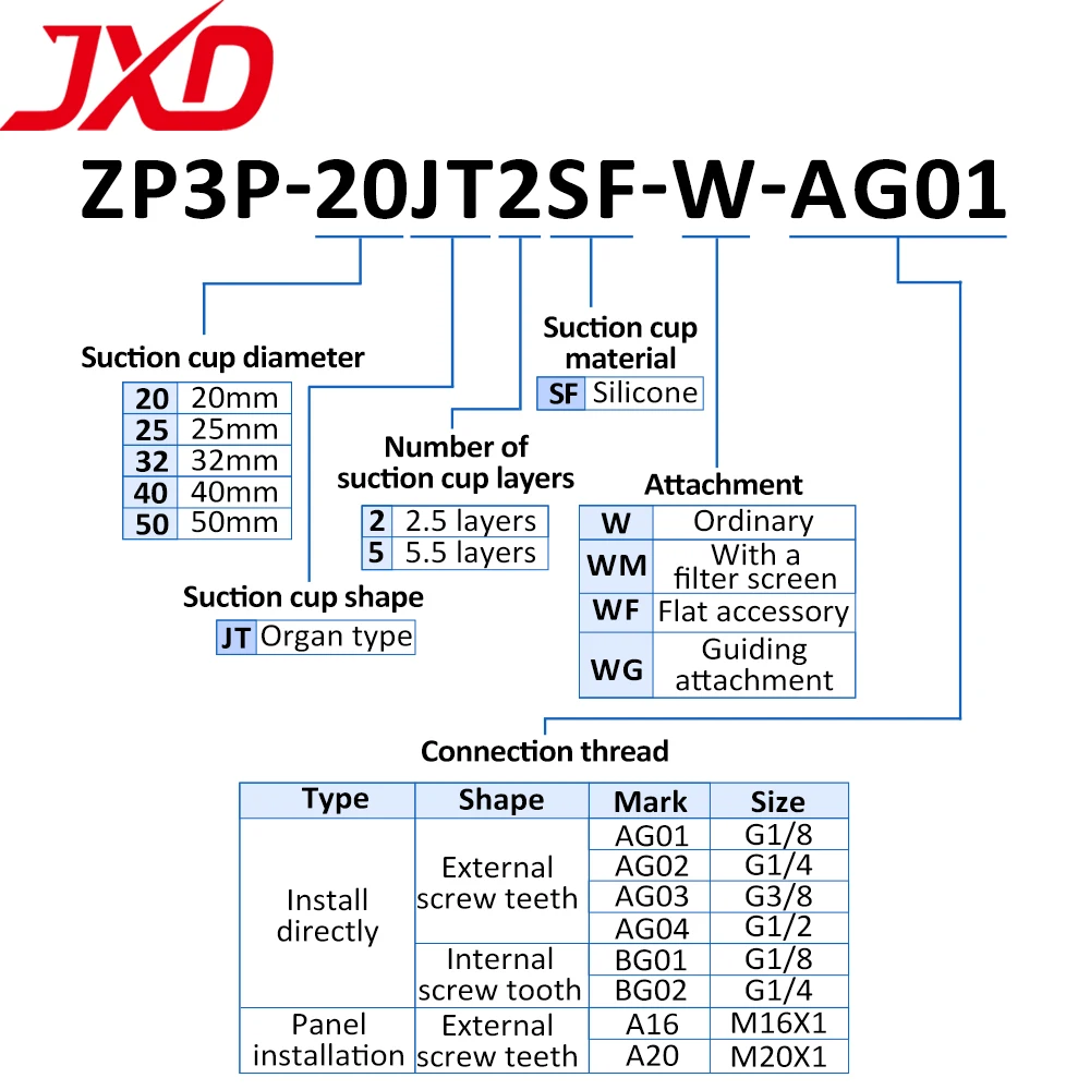 JXD ZP3P Series Pneumatic Suction Cup ZP3P-T40/50JT2SF Double Layer Vacuum Sucker With Screw