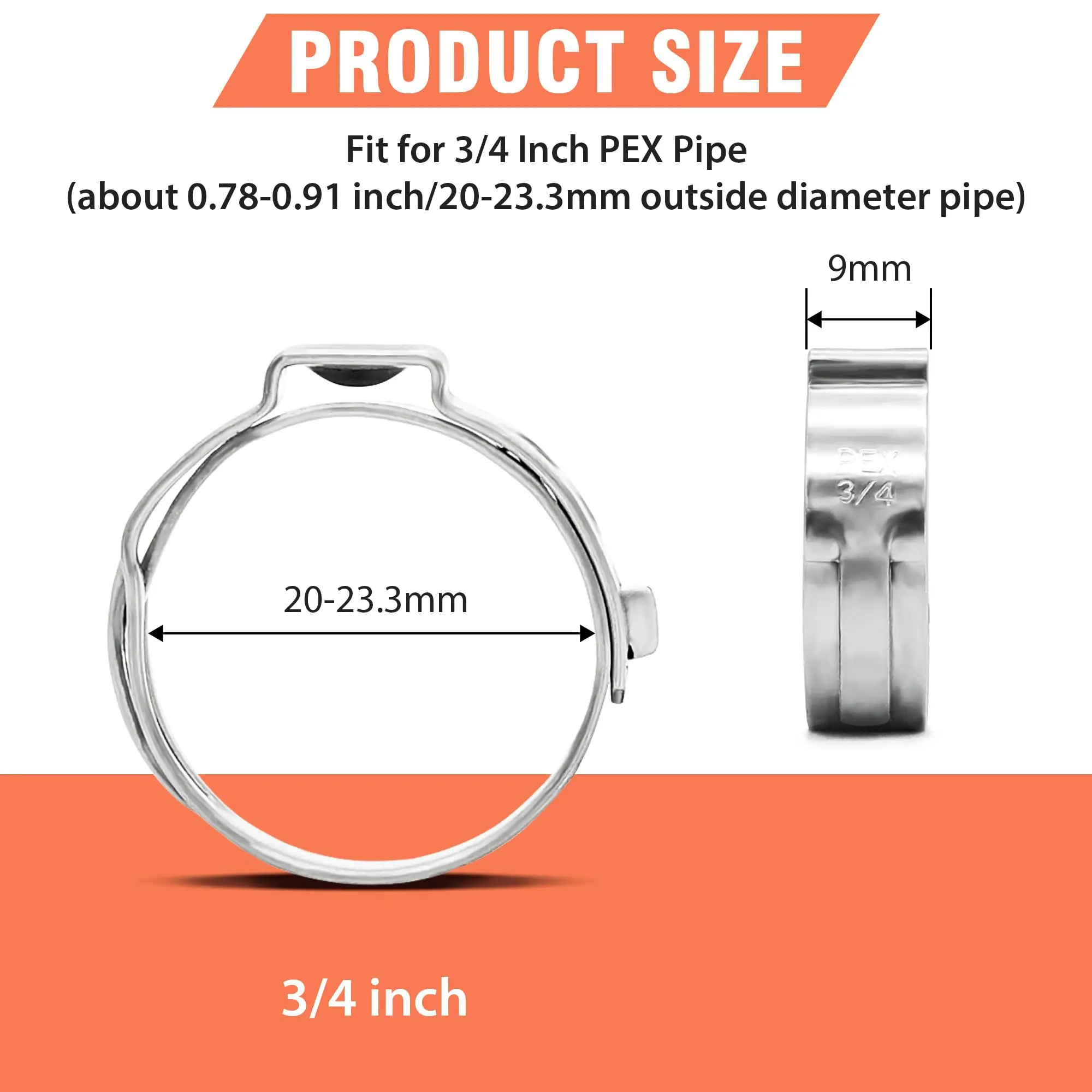 60pc 3/4 inch PEX Cinch Clamps Rings 304 Stainless Steel 20-23.3mm Single Ear Hose Clamps Crimp Ring for PEX Tubing Pipe Fitting