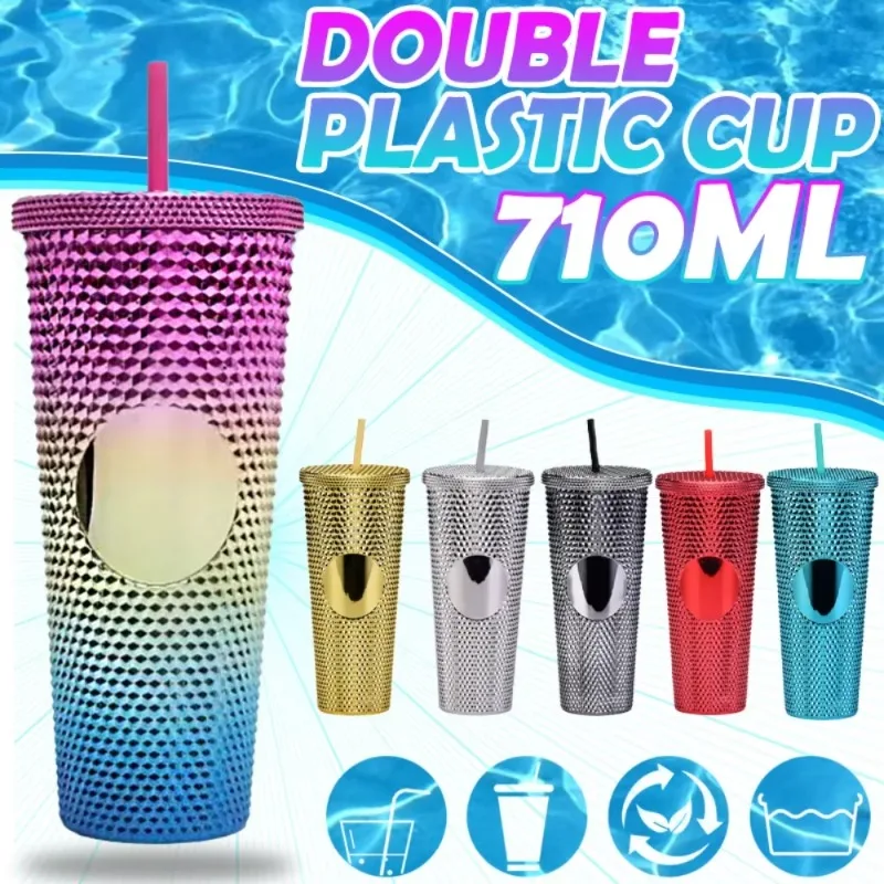 710ML Candy Colored Straw Cup with Lid Double Layer Insulated Plastic Coffee Cup Rhinestone Rivet Cup Travel Mug for Home Office