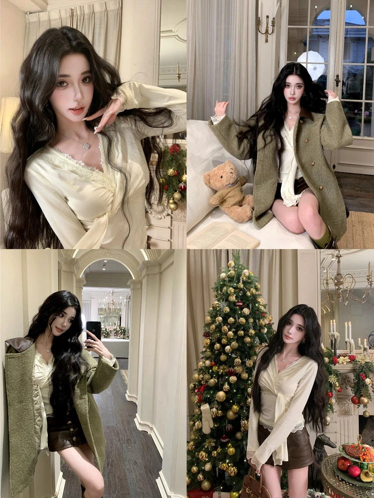 

Женская кружевная трикотажная кофта с V-образным вырезом и длинными рукавами, облегающая, для барбекю, модная, повседневная, из смесового хлопка, зимний топ