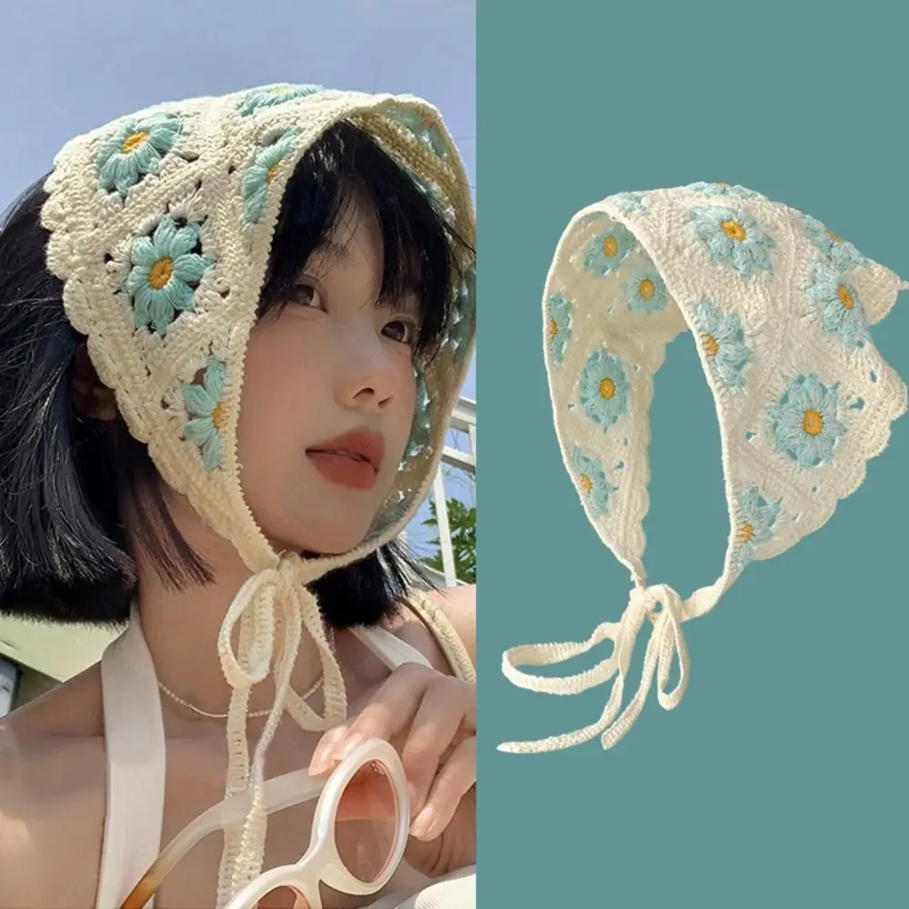 

Cute Knitted Triangle Headband French Pastoral Style Handmade Girl Flower Headscarf Hollow Crochet Beach Vacation Hair Access