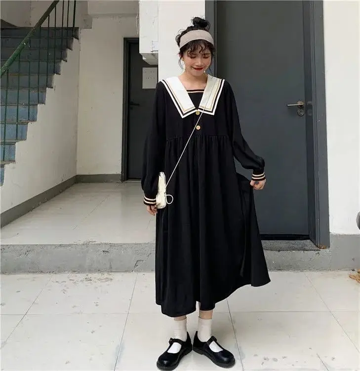 Large Size 6XL 150KG Autumn Spring High Waist Dress Women Long Sleeve Turn Down Collar Lady Black Casual Long Dresses