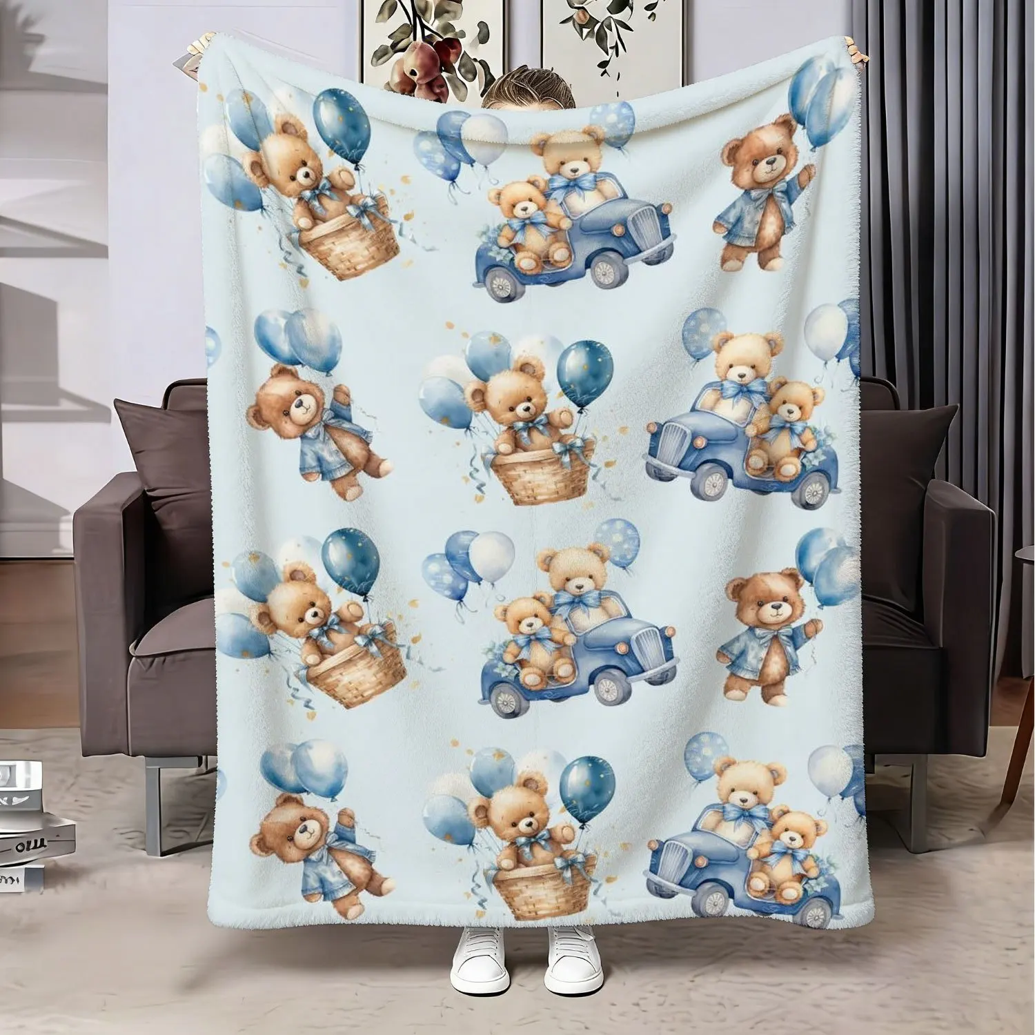 Soft Watercolor Bear Balloon Retro Car Cute Cartoon Art Pattern Soft Blanket Fit Living Room Bed Travel Multi-scene Home Daily