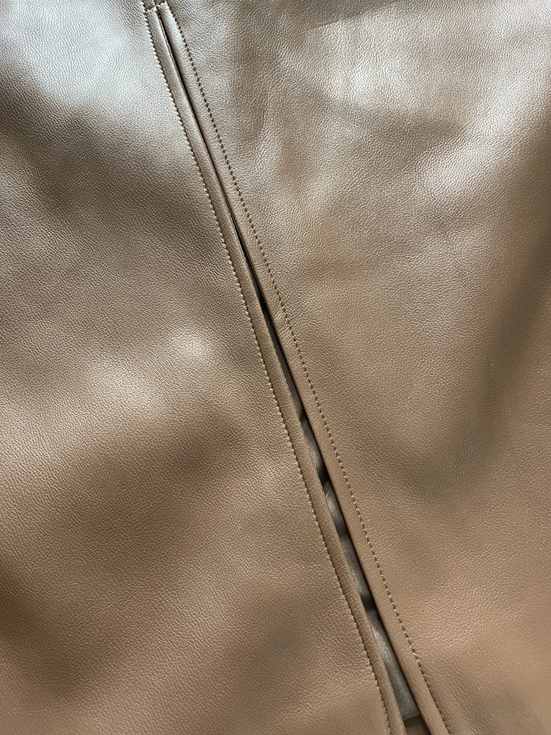 Genuine Leather Mid Length Skirt, Fashionable Versatile, Coffee Colored, Long Skirt with Buttocks, Sheepskin, Half Length Skirt