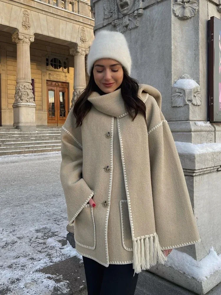 

Fashion Loose Women's Coat With Scarf Elegant Lomg Sleeve Splice Thick Coat Solid Autumn Winter Chic Female Warm Streetwear