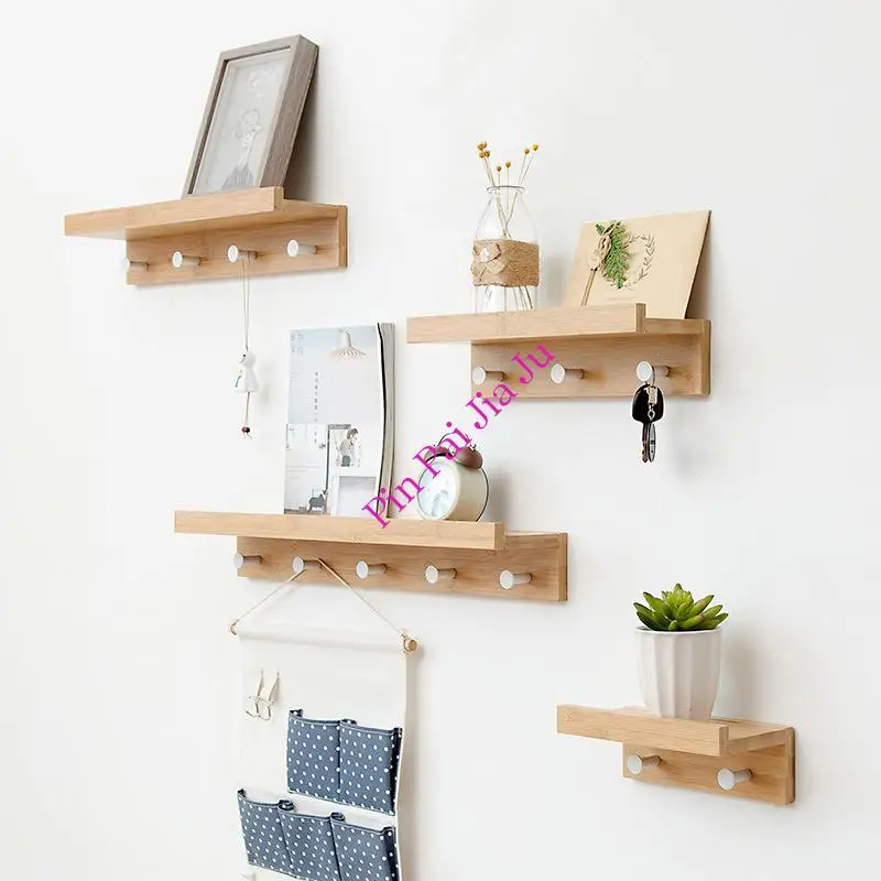 Multifunctional Bamboo Wall Rack Clothes Storage Rack Hook Towel Coat Hanger Key Chain Shelf Bedroom Hallway Decorative Shelf