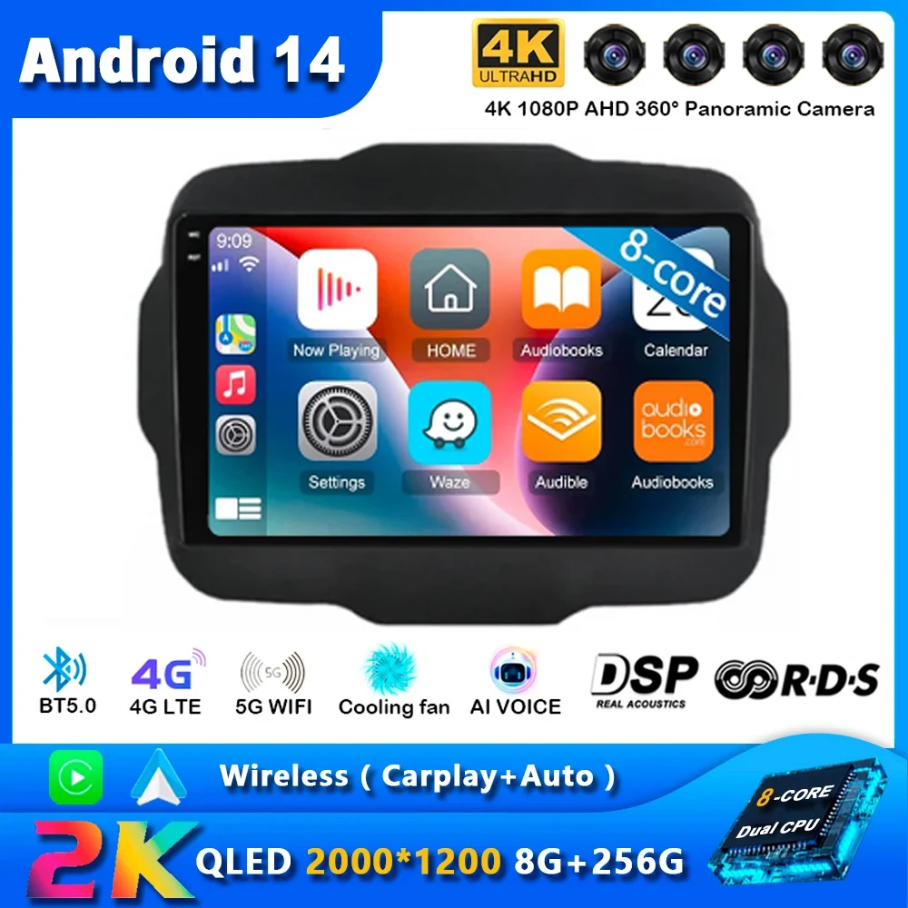 

Android 14 Carplay Car Radio For Jeep Renegade 2016 2017 2018 2019 2020 Navigation GPS Multimedia Player stereo WiF+4G 360Camera
