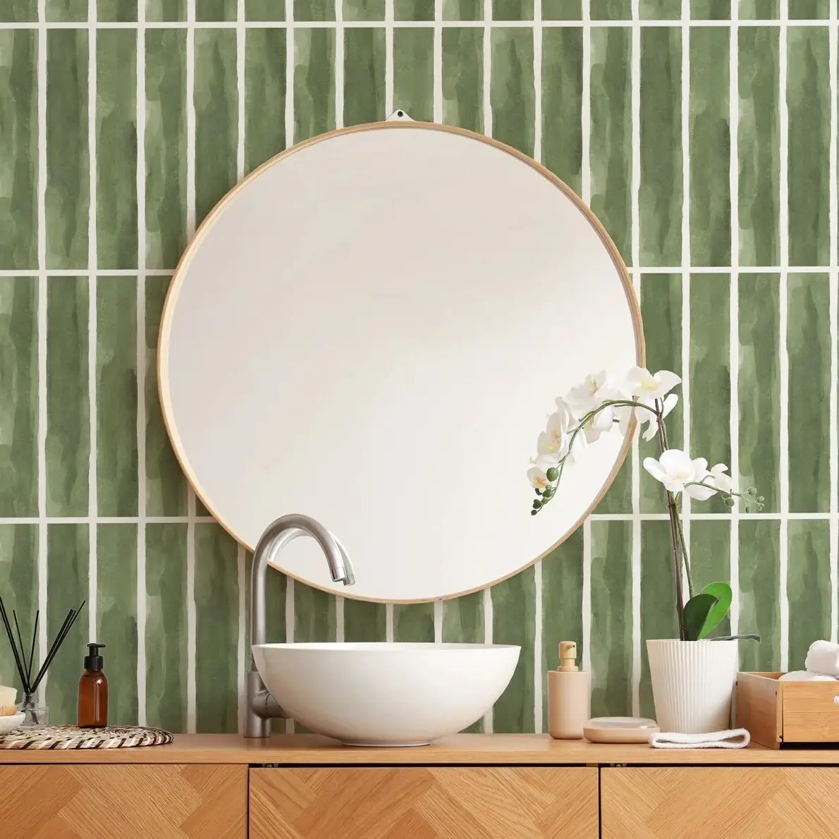 Grün gestreifte Fliesenmuster-Tapete, Wandbild im Retro-Mosaik-Design für moderne Wände, traditionelles Vlies- oder selbstklebendes Papier