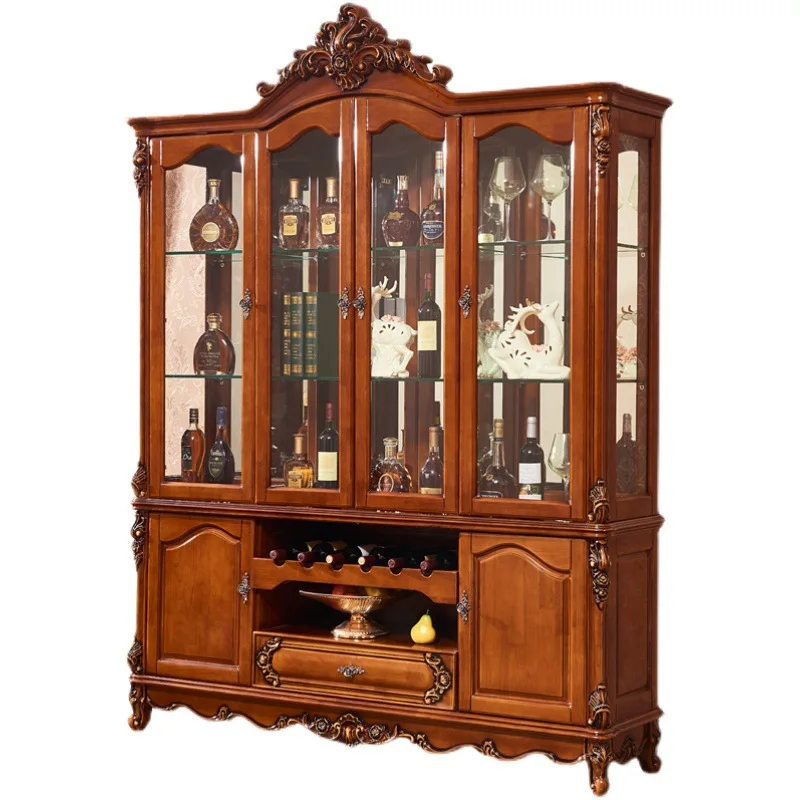 

European solid wood wine cabinet, high-end living room American style glass cabinet, dining room four-door