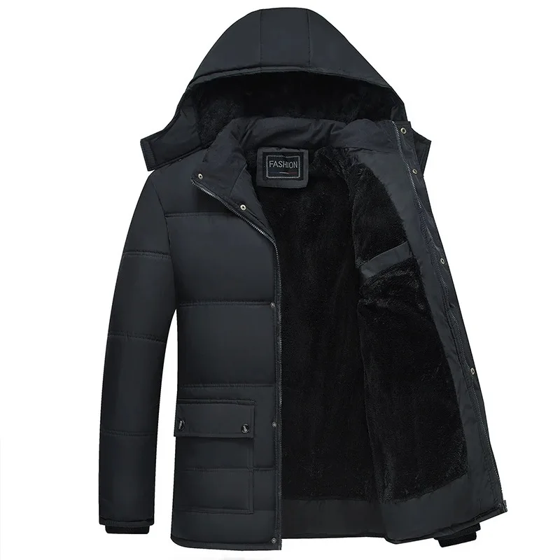 Winter Parkas Männer Fleece gefüttert verdicken warme wasserdichte Jacke lange Ärmel Mantel schwarze Oberbekleidung Tasche lässig lockeres Top