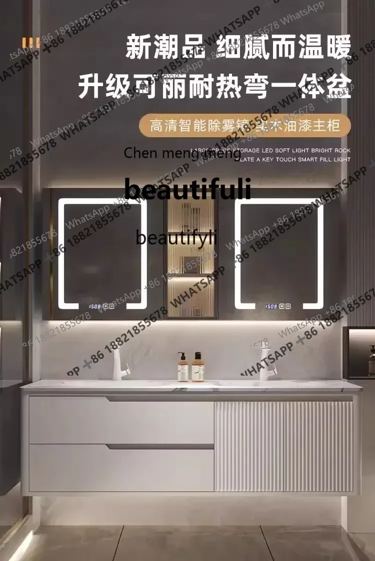 X Q Stone Plate Hot Bending Integrated Double Basin Bathroom Cabinet Bathroom Table Oak Washbasin Cabinet