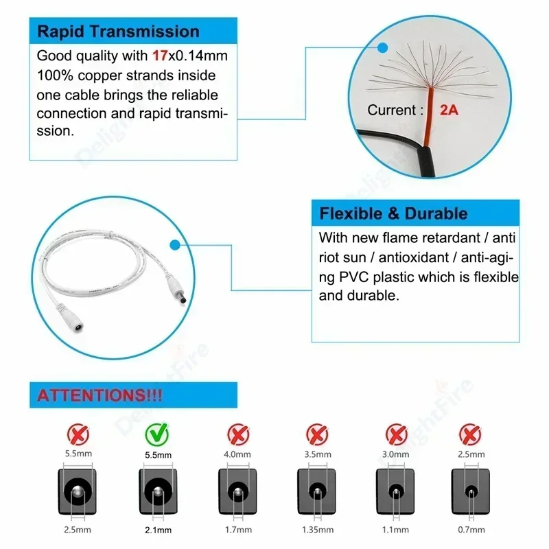 20/22AWG DC Power Cable 5V 12V Male Female Plug 5.5 2.1mm Power Adapter Extension Cable For Camera CCTV Led Strip Light Connect