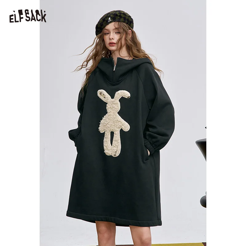 ELFSACK 2025 冬の新作 ルーズカジュアル チェストグラフィック パーティー ミディドレス 女性用