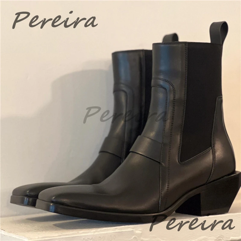 Thick Soled Square Toe Chelsea Boots for Men Black Leather Strange Heel Short Boots Trendy Retro Knight Boots High Top Shoes