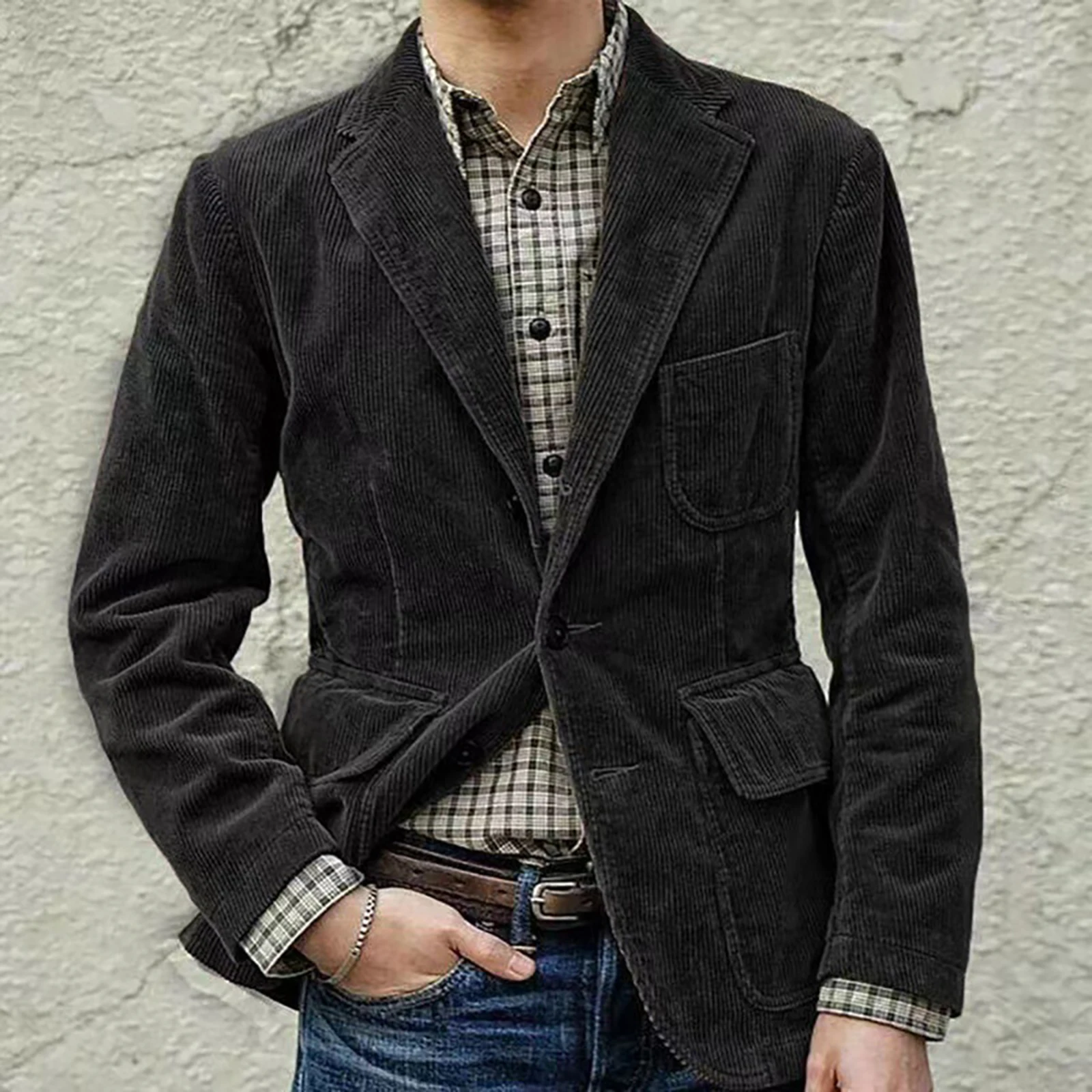 Men Corduroy Blazer Vintage Casual Lapel V Neck Long Sleeve Button-up Jacket with Pockets for Winter Fall